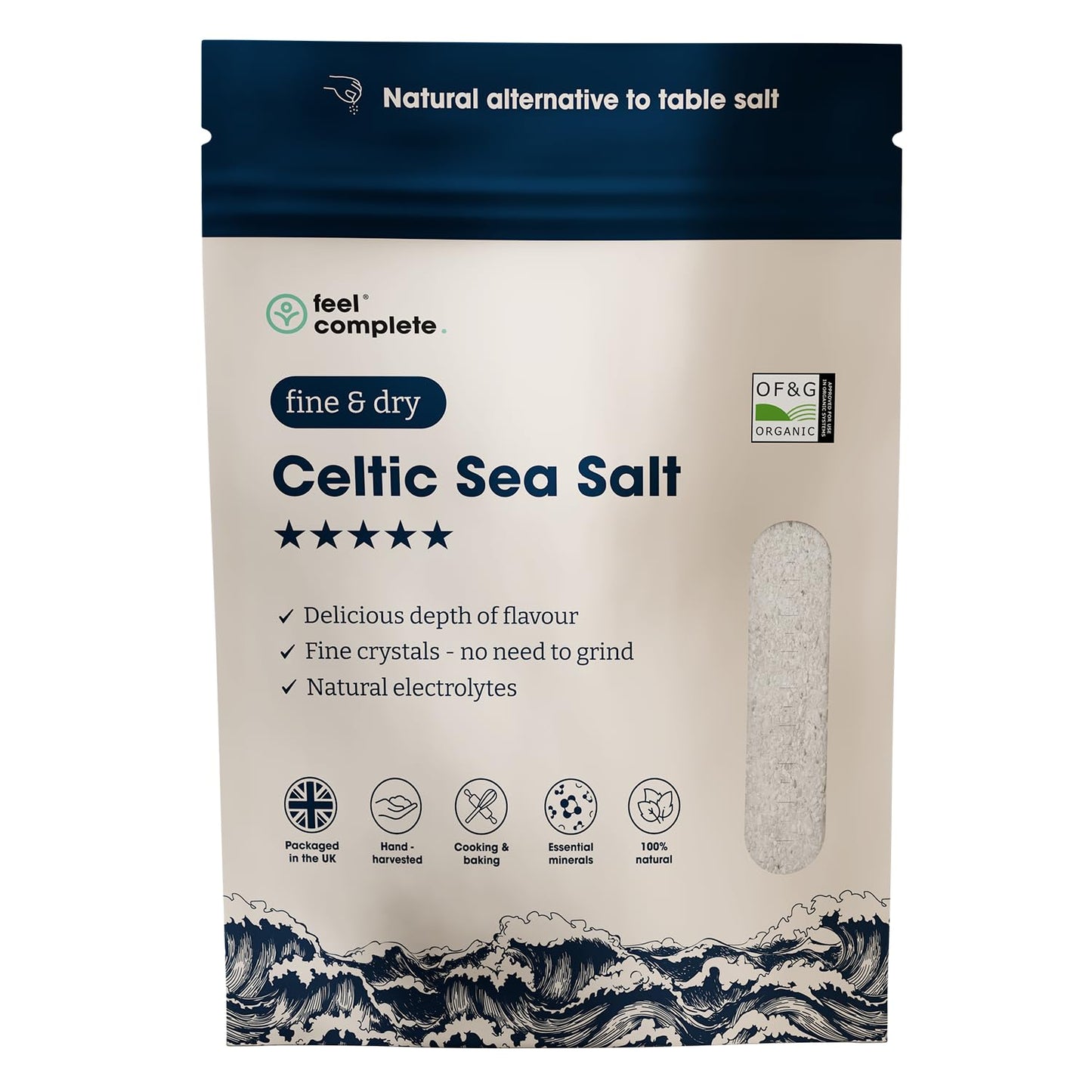 Feel Complete | 500g Fine & Dry Celtic Sea Salt | No Need To Grind | Organic Approved | Essential Minerals & Electrolytes | Natural Alternative To