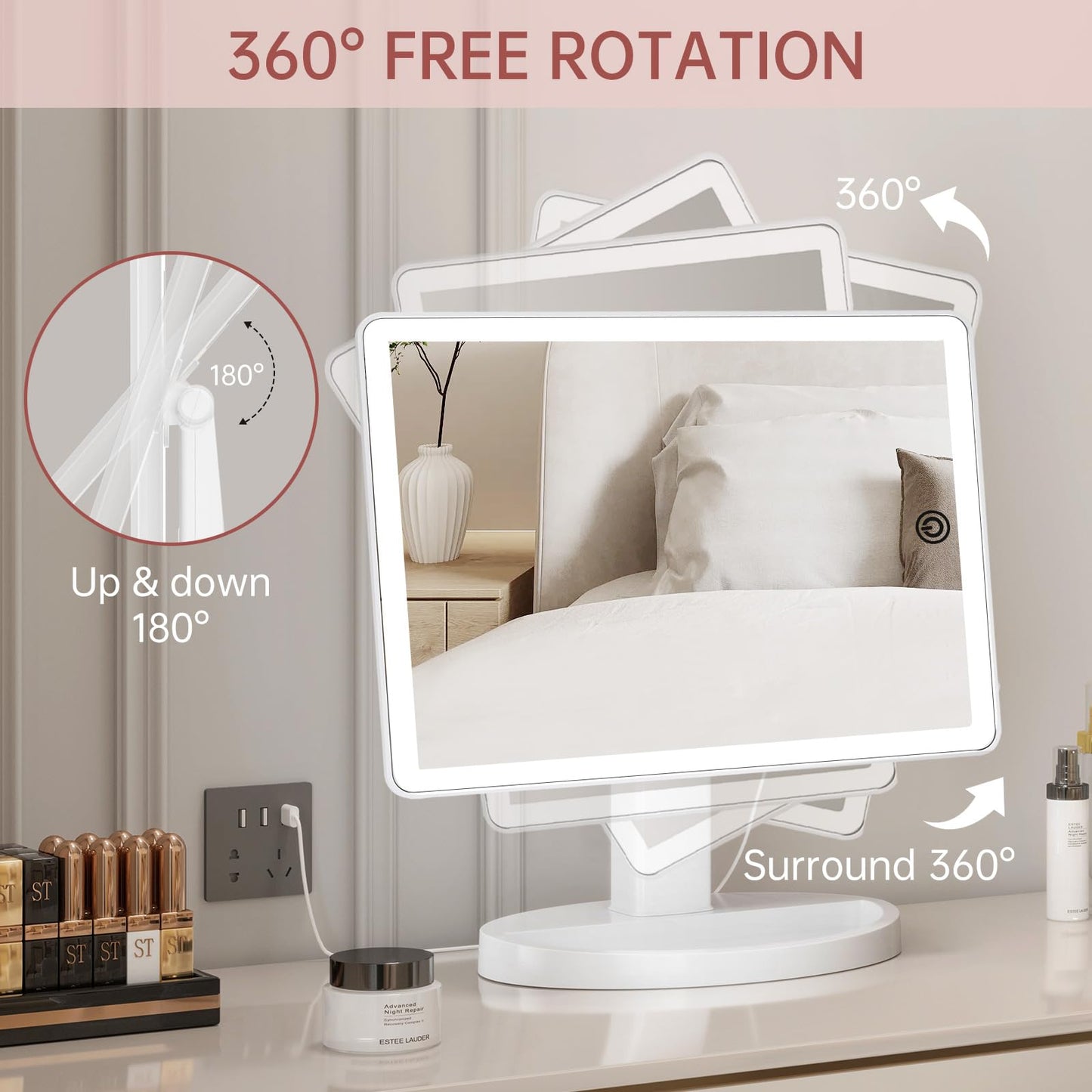 FUNTOUCH Large Lighted Makeup Mirror with Lights, 3 Color Lighting Modes Light up Mirror with 88 LED, 10X Magnification and 360Rotation,Dual Power