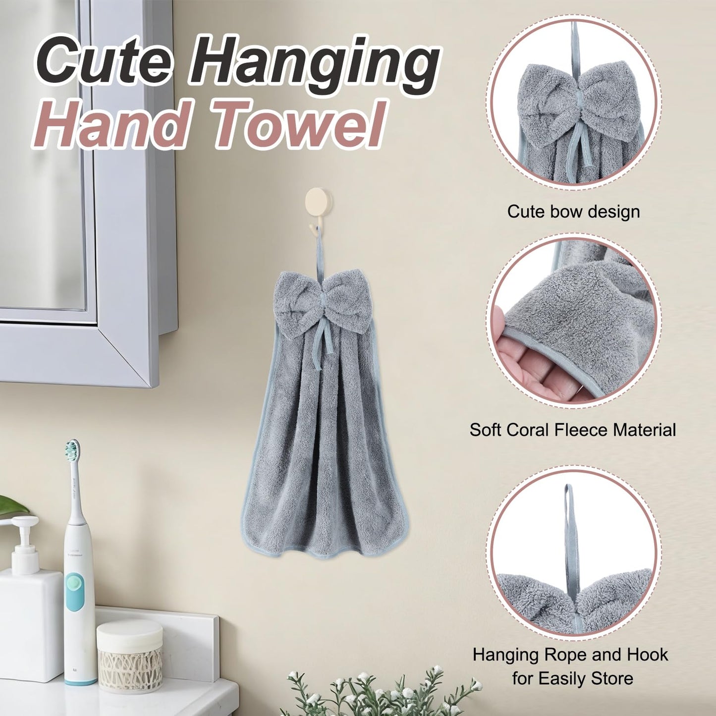 sourcing map 2Pcs Bow Hand Towels with Hanging Loop, 14.2" x 12.2" Soft Coral Fleece Microfiber Bowknot Hanging Hand Dry Towels Quick Dry and