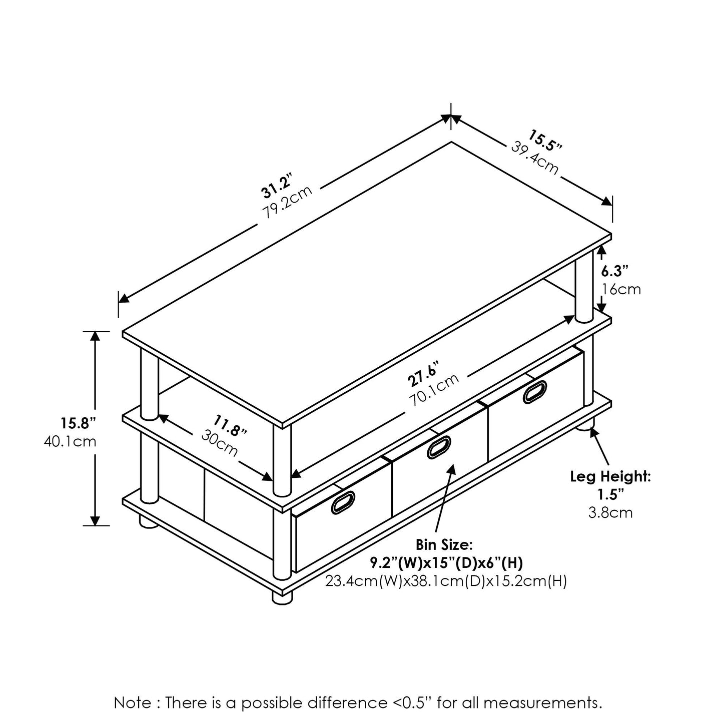 Furinno Frans Turn-N-Tube Coffee Table with Bin Drawers, French Oak Grey/Black/Black, 79.2 (W) x 40.1 (H) x 39.4 (D) cm