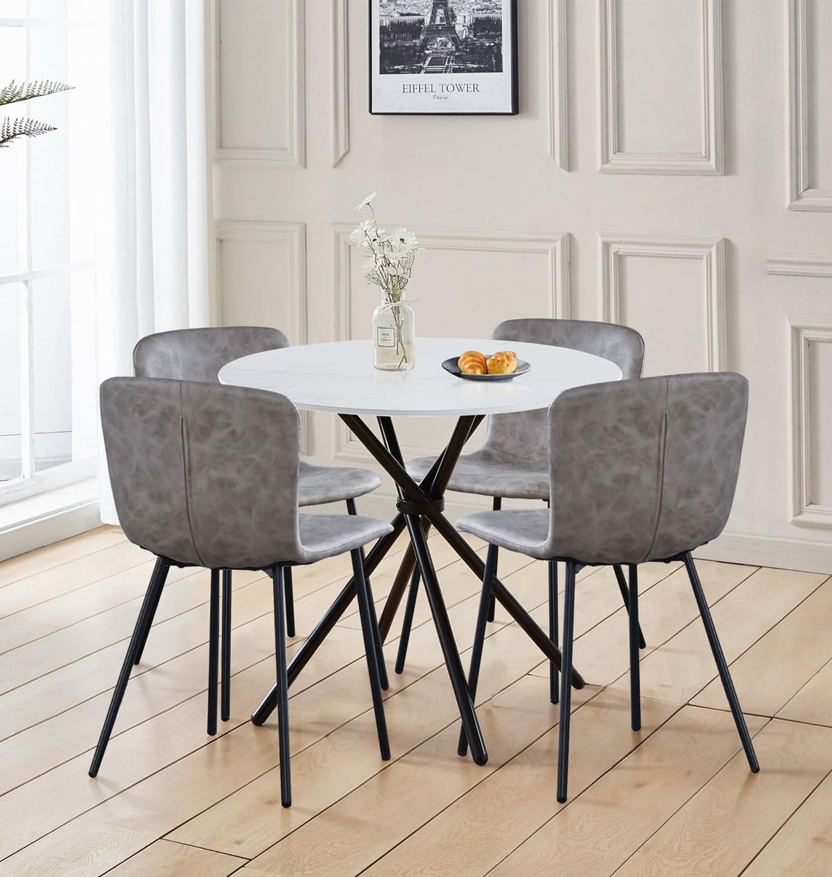 Hallowood Furniture Cullompton Round Table and Chairs Set 4, Small Mable Effect White Round Table with Taupe Faux Leather Effect Chairs, 4 Seater