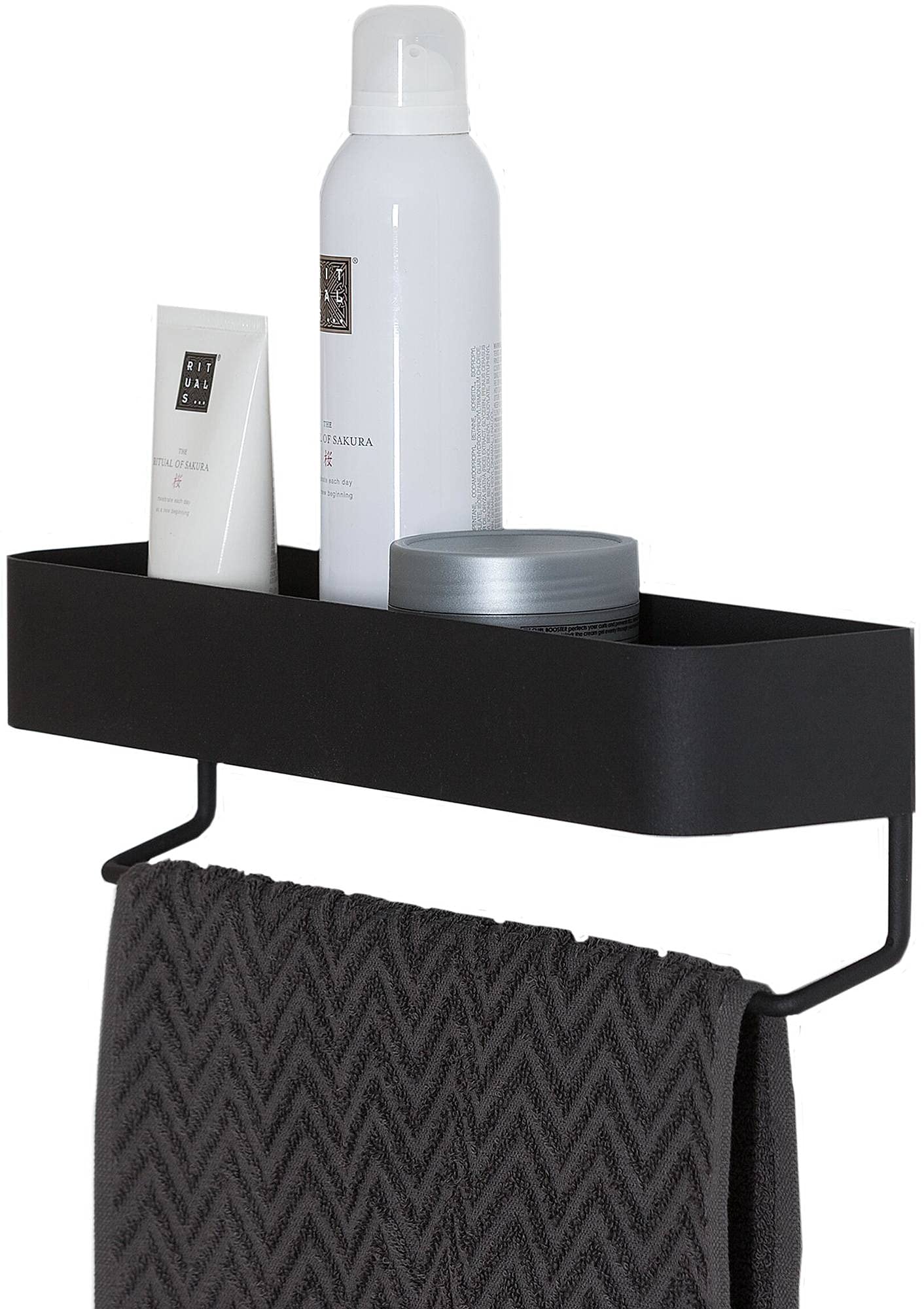 Sealskin Brix Wall Tray with Towel Rail, Metal, Black, 35 x 10 x 8 cm
