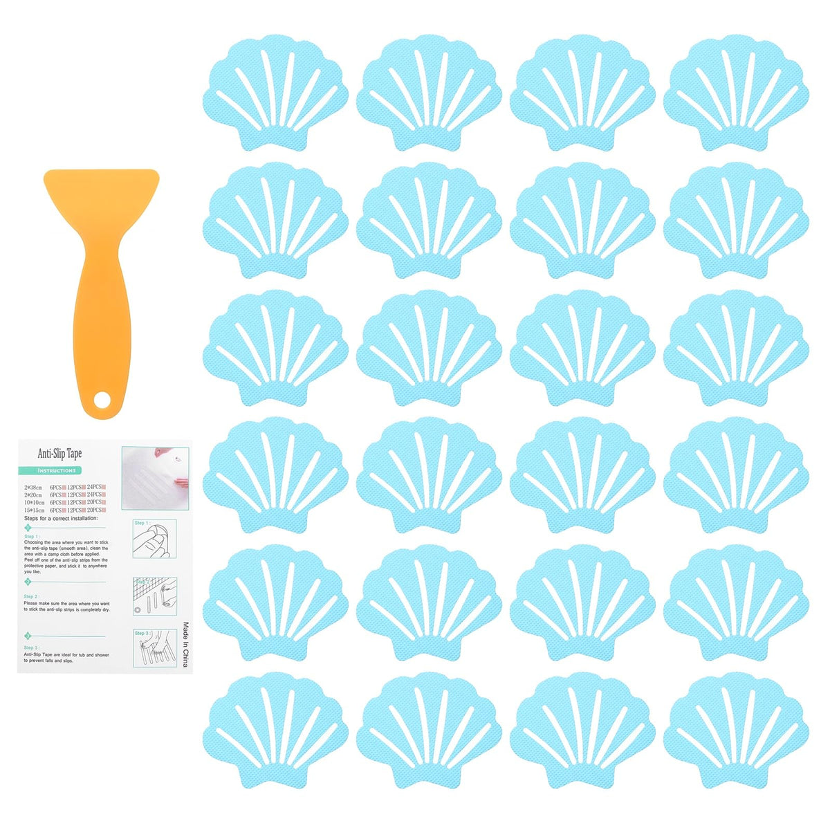 sourcing map 24Pcs Non-Slip Bathtub Stickers, 9x7 cm Shell Shape Shower Floor Non Slip Stickers with Scraper for Bathroom Shower Stairs Ladders, Blue