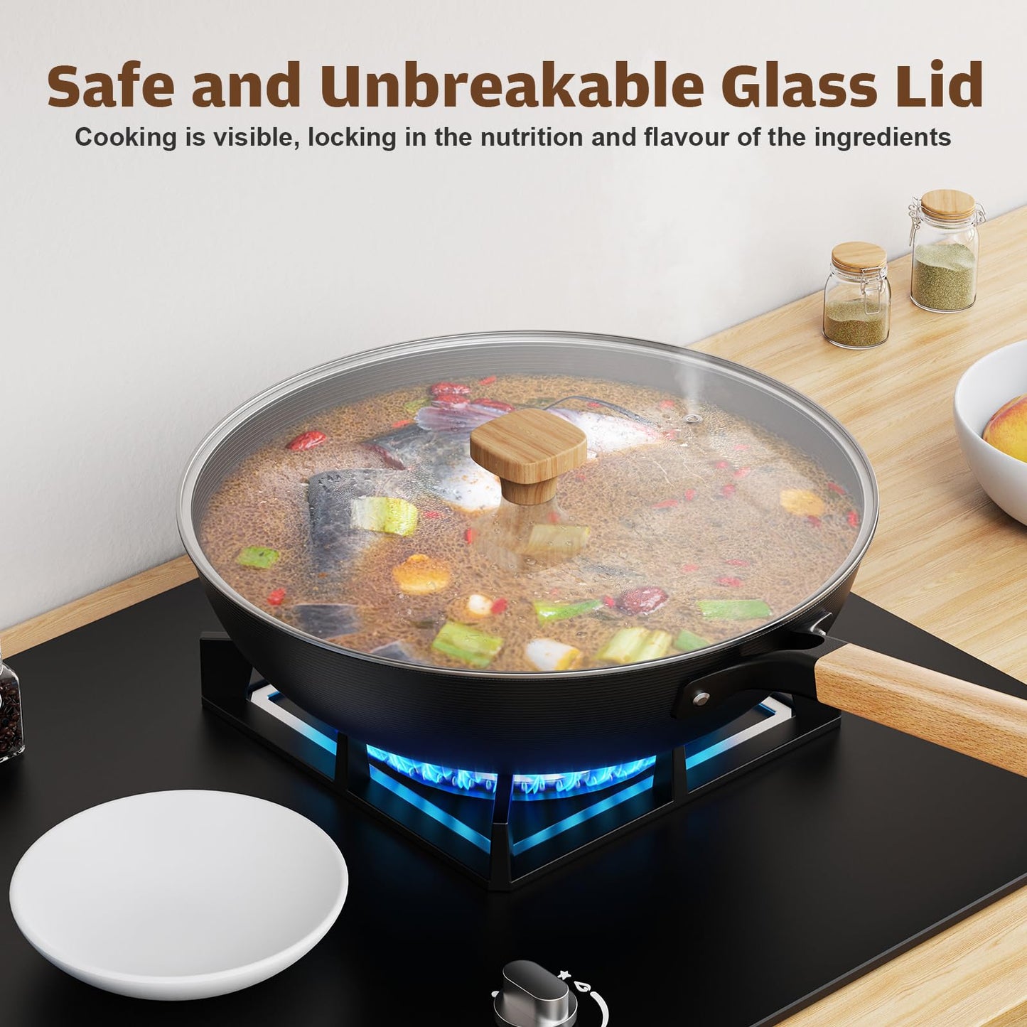 Jobin Wok with Lid Non Stick  30cm Carbon Steel Wok for Everyday Cooking  Frying Pan Ideal for 3-5 People for Induction, Gas, All Hobs
