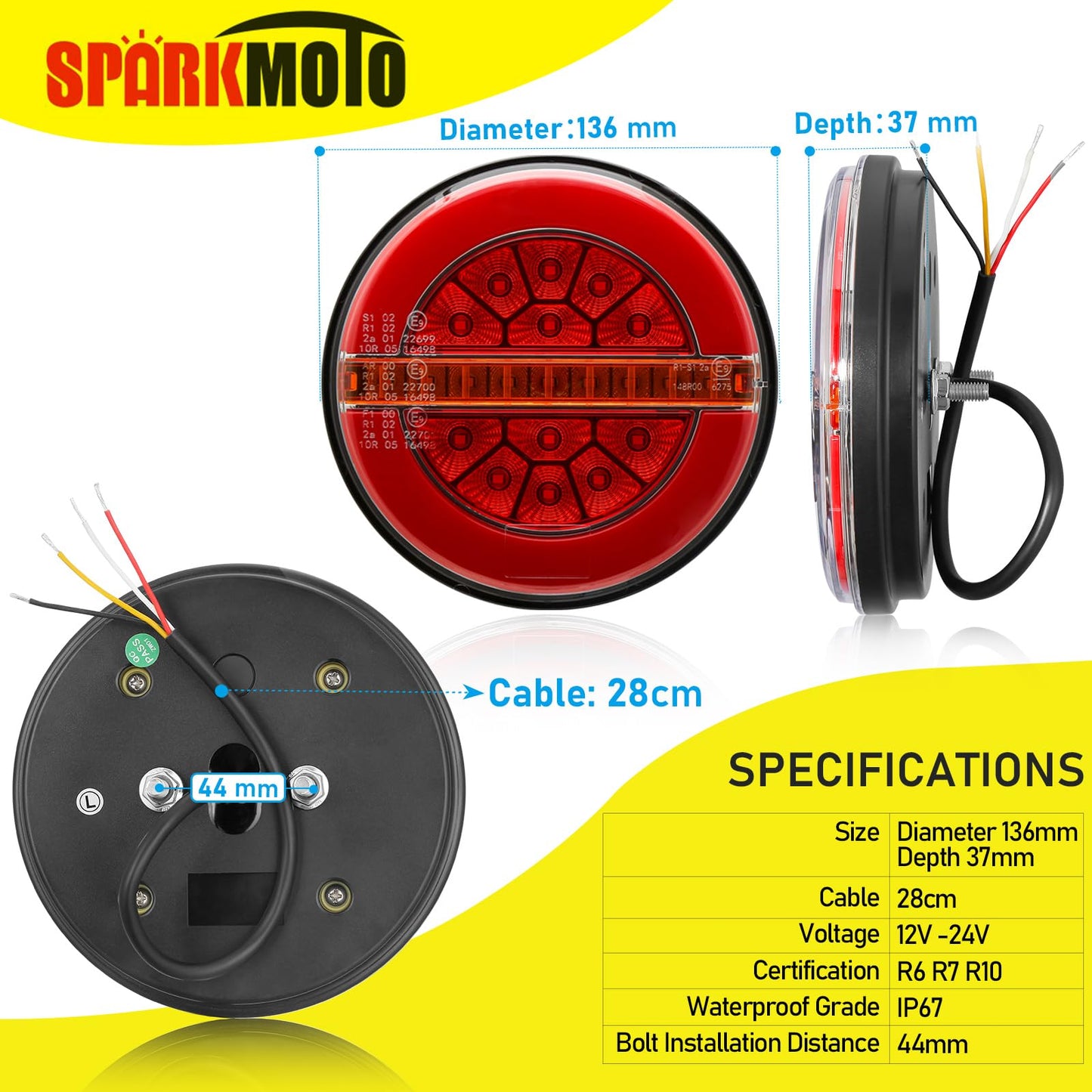 SPARKMOTO 2 x LED Trailer Lights Round,12V 24V Universal Led Trailer Tail Lights,Submersible Round Led Hamburger Lights For Truck Lorry Trailer