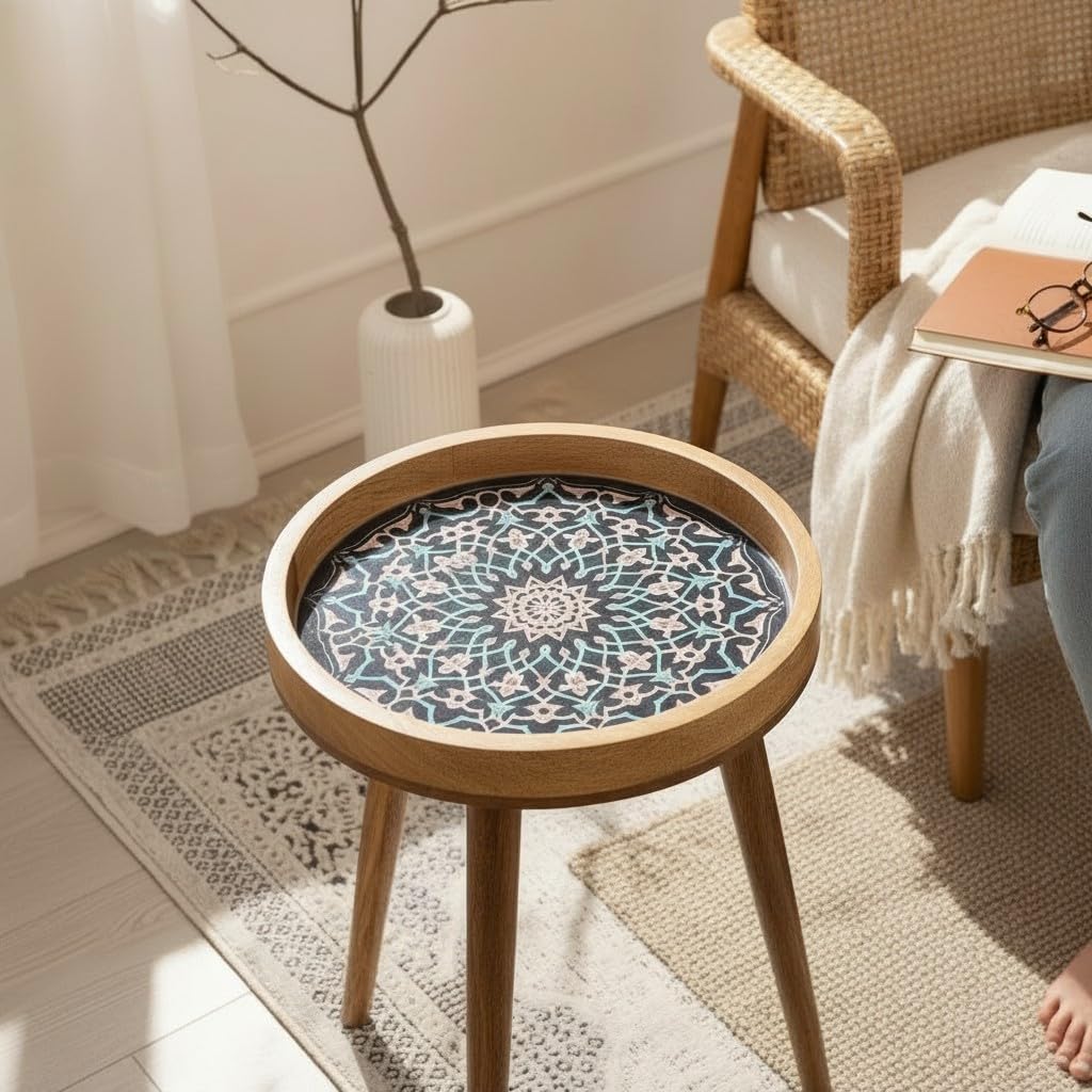 Woodmede Mango Wood Artisan Side Table 18” – Handmade Round Accent Table with 36cm Resin-Coated Enamel Top