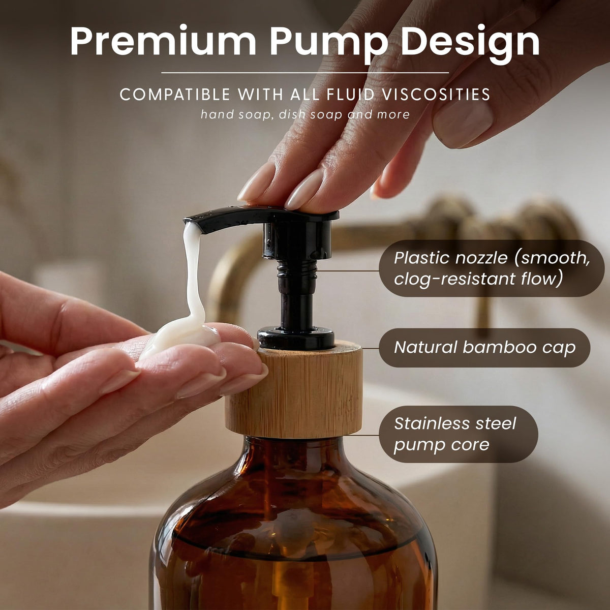 MaisoNovo Hand and Dish Soap Dispenser Kitchen Set of 2-500 ml Amber Glass Soap Dispenser Bottle with Pump Black Bamboo x 2