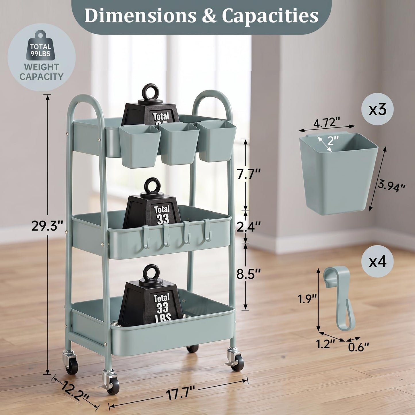 danpinera 3-Tier storage trolley, Metal storage cart with Lockable Wheels & Hanging Cups & Hooks, storage trolley on wheels for bathroom, kitchen