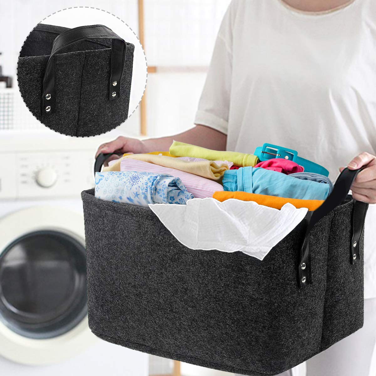 Discoball Large Felt Storage Basket Open Fabric Bins Foldable Organizer Box with Handles for Closet, Clothing, Toys, Books, Office Products