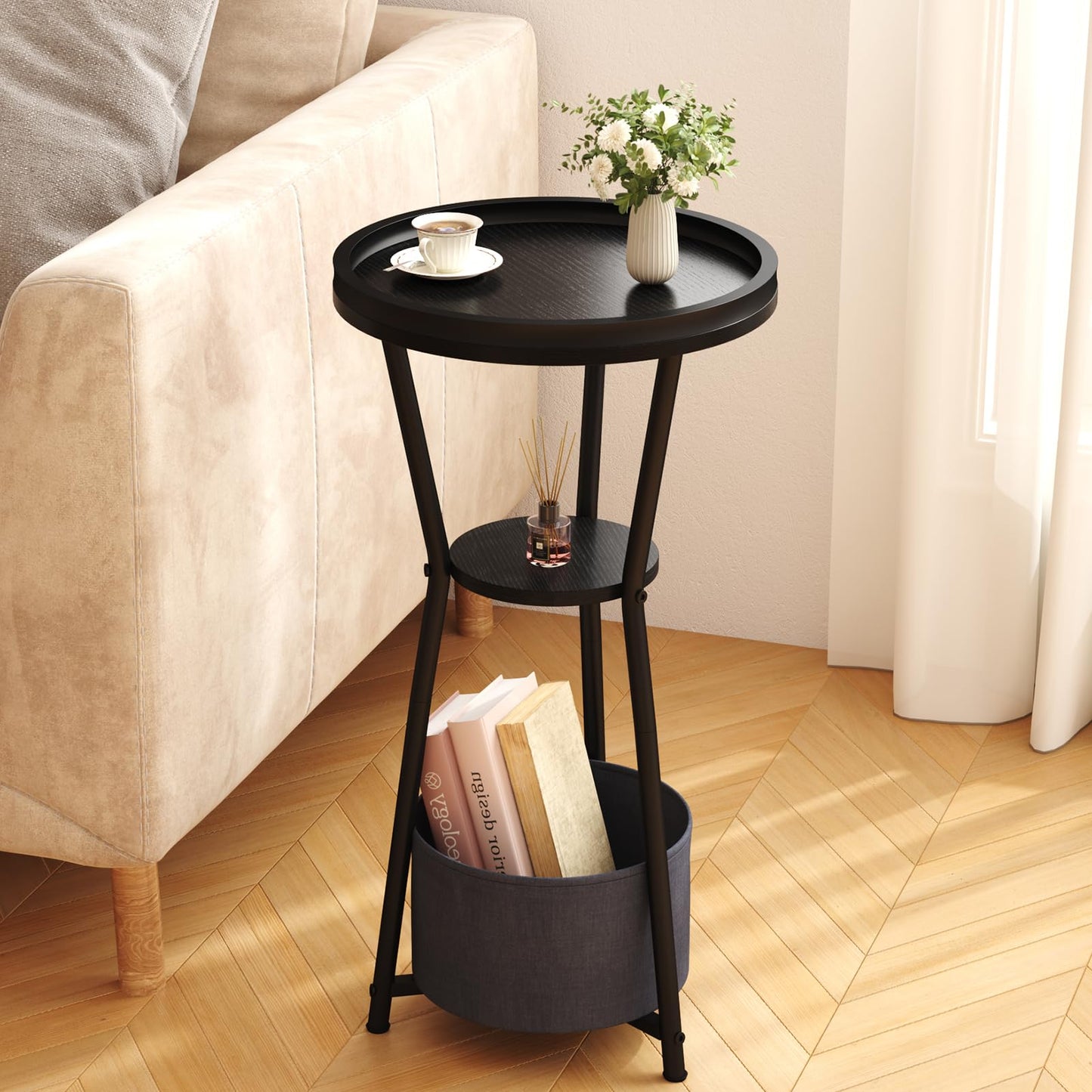 Yusong Round Side Table, Small Drink Table for Small Spaces, 3-Tier Industrial End Table, Accent Nightstand Bedside Table for Living Room, Bedroom