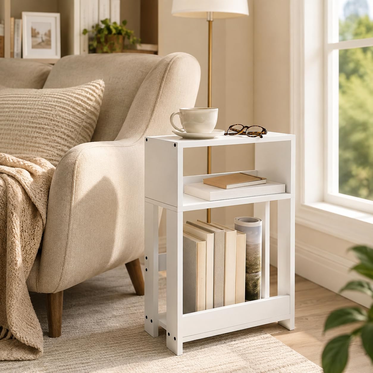 ZEXVIDA Narrow Side Table with Storage Shelf, 3-Tier Slim End Table & Nightstand for Bedroom, Living Room, Sofa Side Table for Small Spaces (White)