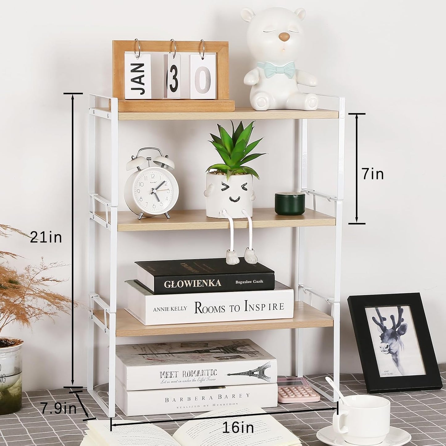 Wood Office Desk Shelf Organizer - Desktop Supplies Cute Dresser Top Organization Storage Rack and Cubicle Decor Aesthetic Bookshelf for Women Man and