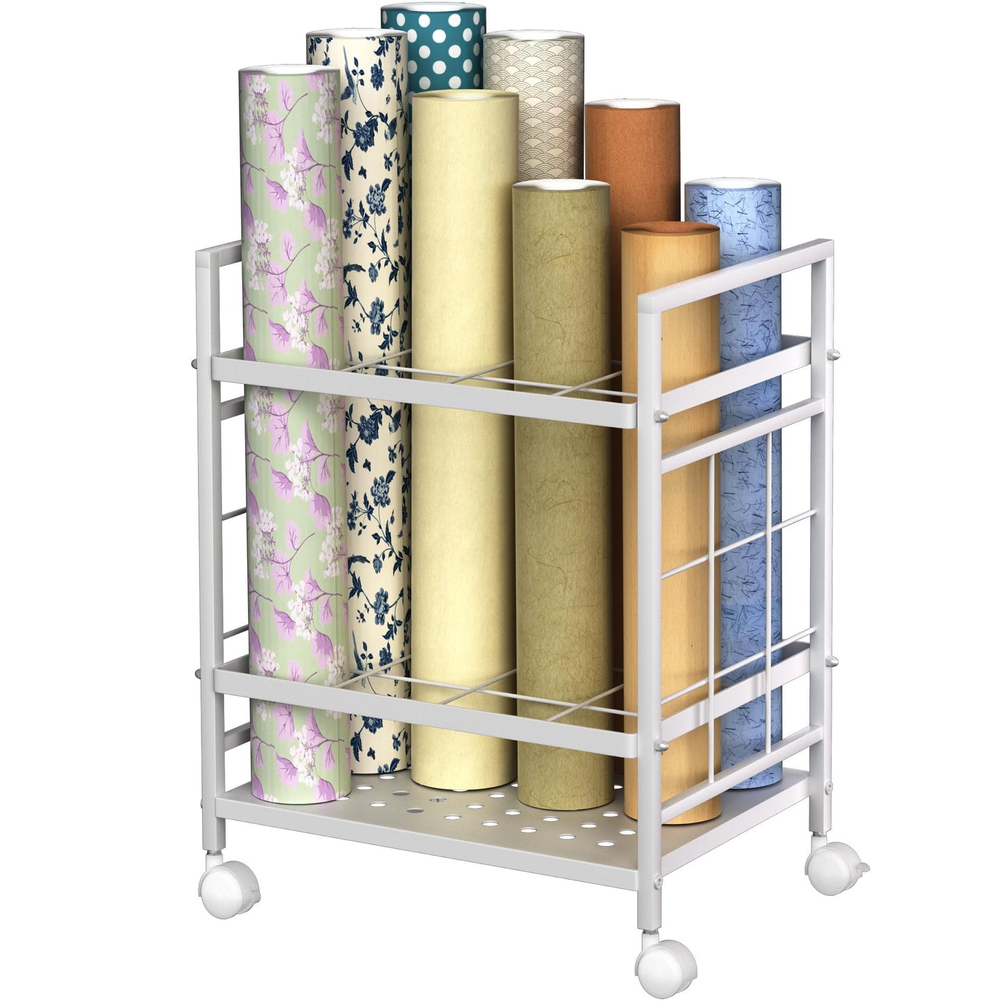 Jowkou Blueprint Storage Rack Cart with Wheels, 12-Slot Blueprint Holder, Construction Plan Map Holder, Blueprint Storage Organiser Table, White