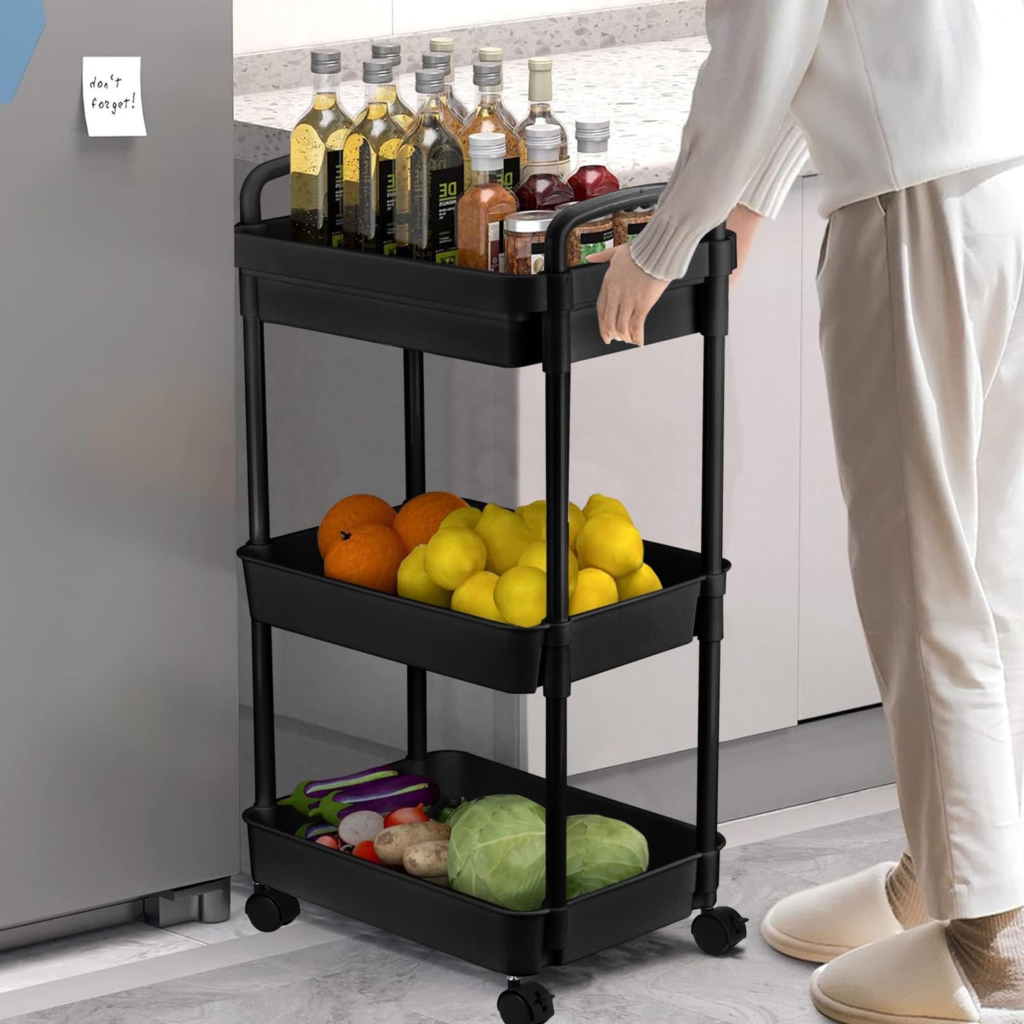 DUOJIN 3 Tier Plastic Rolling Utility Cart with Handle, Multi-Functional Storage Trolley with Mesh Baskets and Lockable Wheels for Bathroom Kitchen