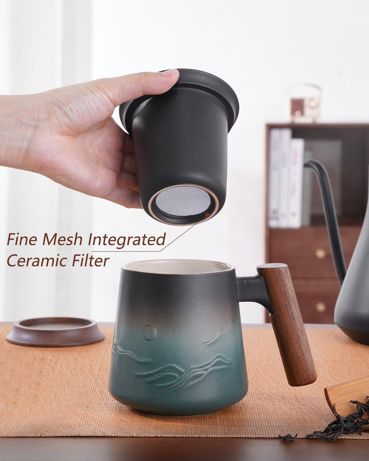 ZENS Tea Infuser Mug for Loose Tea Strainer, 430 ML Embossed Ceramic Tea Cup with Infuser for Hot Tea Diffusers, Wood Handle Loose Leaf Tea Mug Green