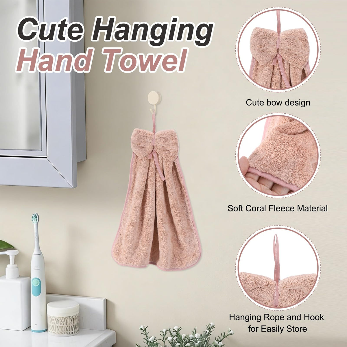 sourcing map 4Pcs Bow Hand Towels with Hanging Loop, 14.2" x 12.2" Soft Coral Fleece Microfiber Bowknot Hanging Hand Dry Towels Quick Dry and