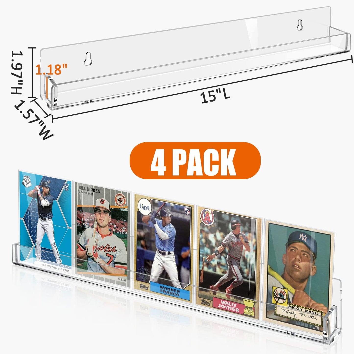 tutata Sports Card Display Shelf for Wall, Hold 16 Graded Cards or 20 Sleeved Trading Cards- 4 PCS Acrylic Shelves for PSA SGC BGS Graded Trading Card