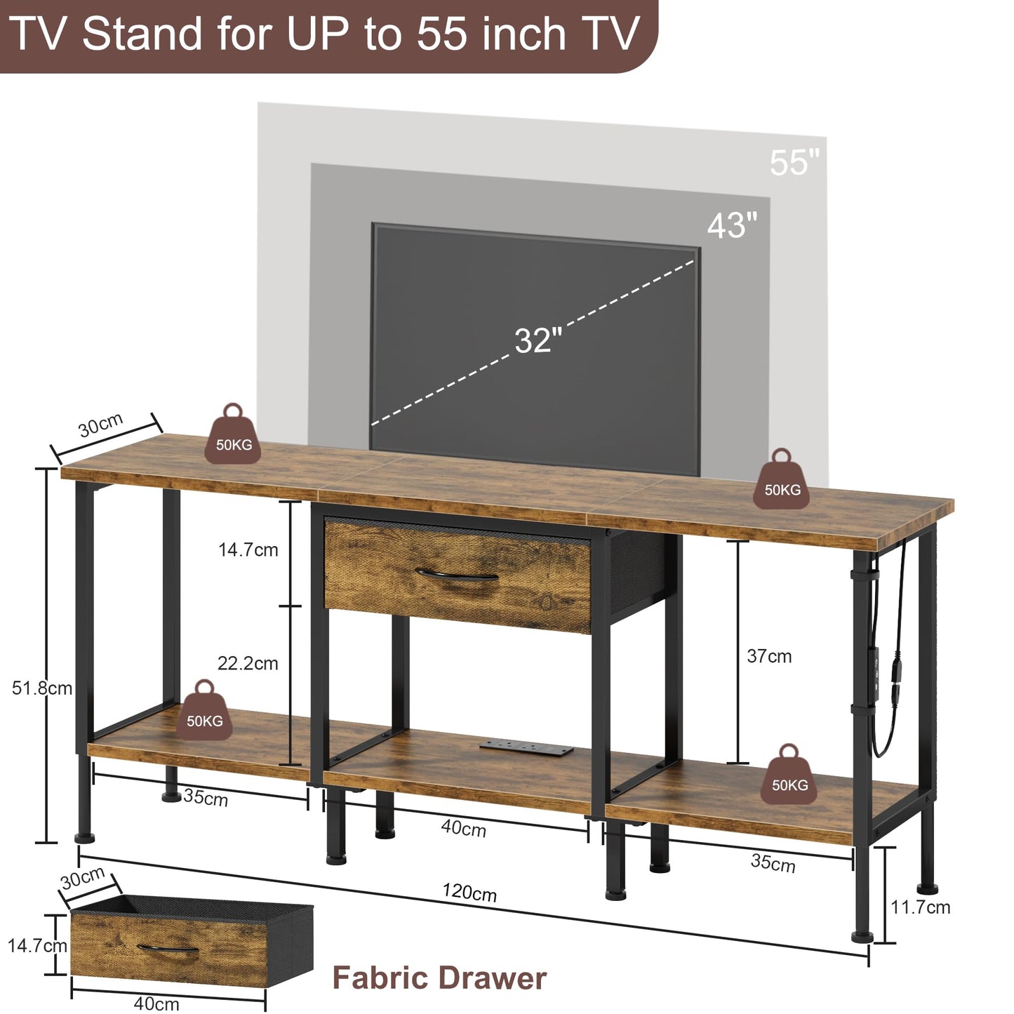 OYRREU TV Stand Cabinet LED for 55 50 Inch, TV Unit with Socket, USB Slots