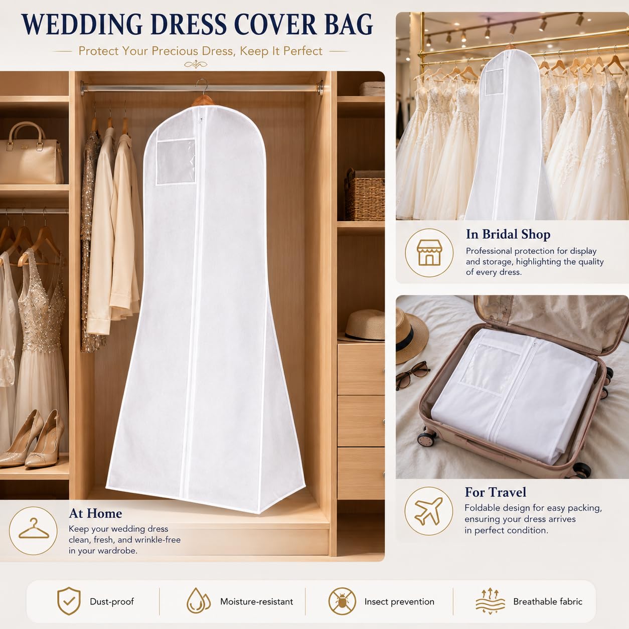 Hanging Wedding Dress Cover 180x60x40cm, Bridal Gown Garment Cover Storage Bag, Full Length Travel Protector for Bridal Dress