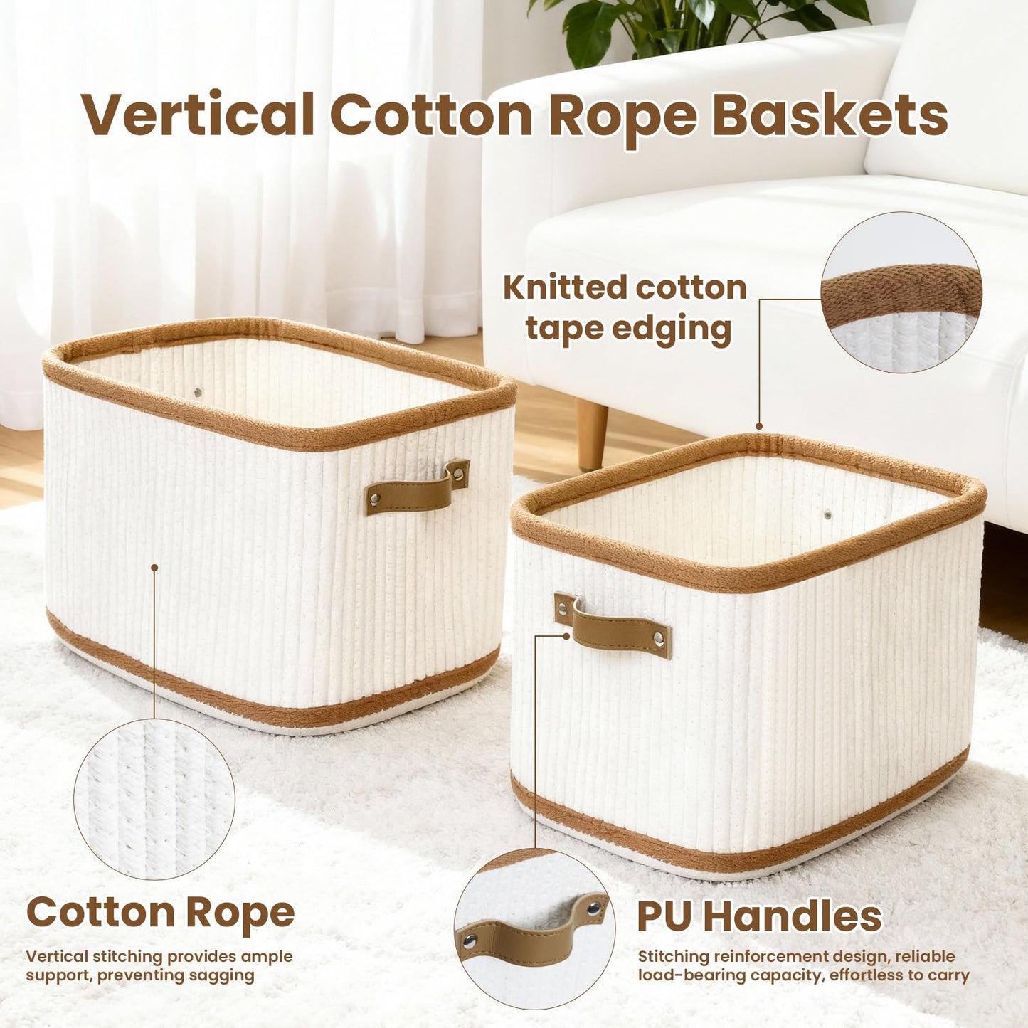 Teamkio Bathroom Woven Storage Baskets, 2PCS Vertical Cotton Rope Organizer