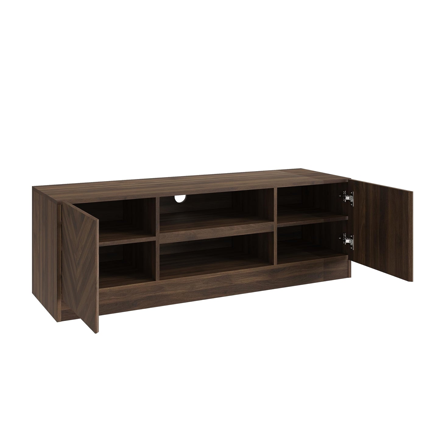 GFW Catania 2 Door TV Unit, Royal Walnut TV Cabinet with Herringbone Wood Grain Finish, Modern Entertainment Unit with Open Storage