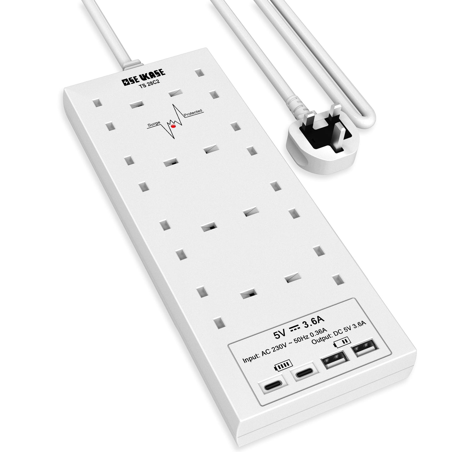 Extension Lead with USB Slots, 8 Way Socket Surge Protection with 4 USB Charger(2C+2A) Multi Plug 2990W Safety Shutter with 2M Extension Cord for TV