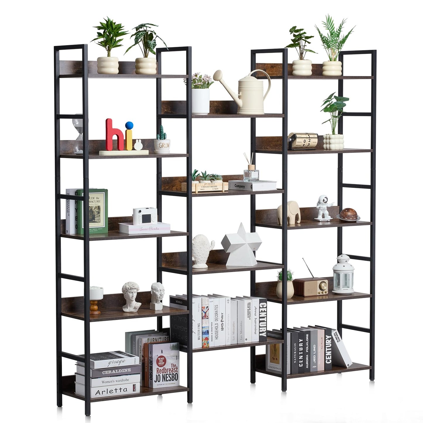 VEVOR Triple Metal Bookshelf, 14-Tier Industrial Bookshelf, Large Rustic Vintage Storage Bookcase with Open Shelves