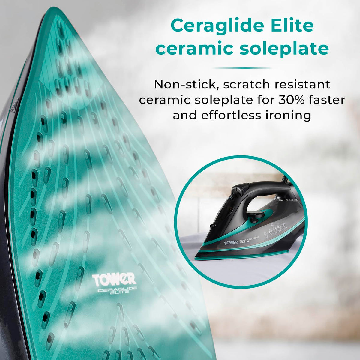 Tower CeraGlide T22013TL Ultra Speed Iron with Ceramic Soleplate Variable Steam Function, 3100W, Black & Teal