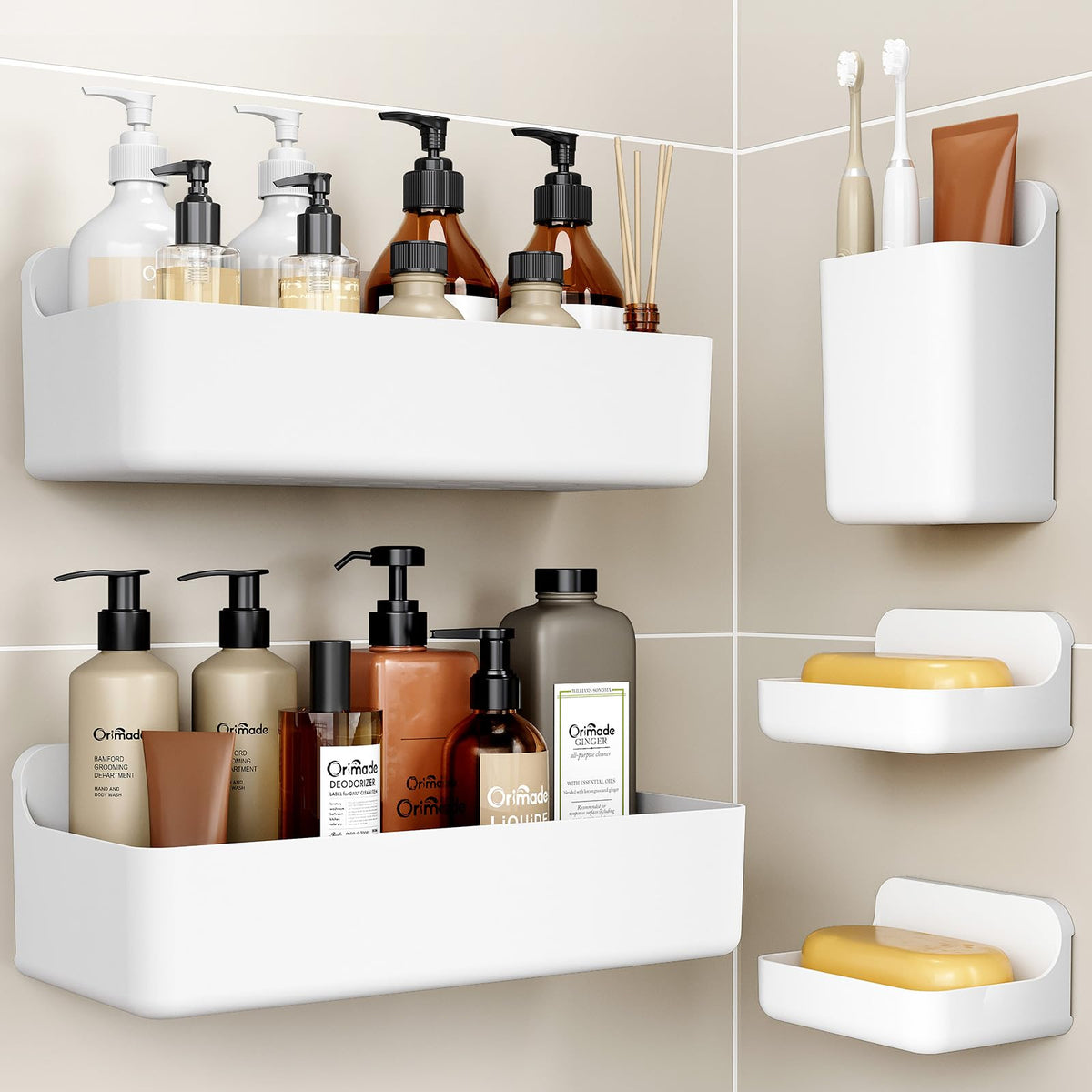 Orimade Shower Caddy-5 Pack Rustproof Bathroom Shelves No Drilling, ABS Plastic Shower Shelf Adhesive, Large Capacity,Quick-Dry,White