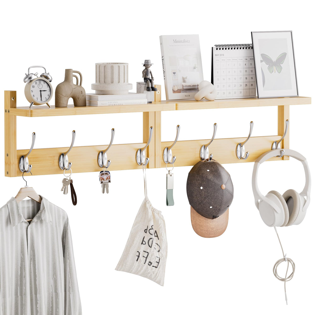 STELLSTAR Coat Rack with Shelf, 2 Pack Bamboo Wall-Mounted Coat Hanger with 8 Hooks for Entryway, Hallway, Kitchen, Bathroom, Living Room