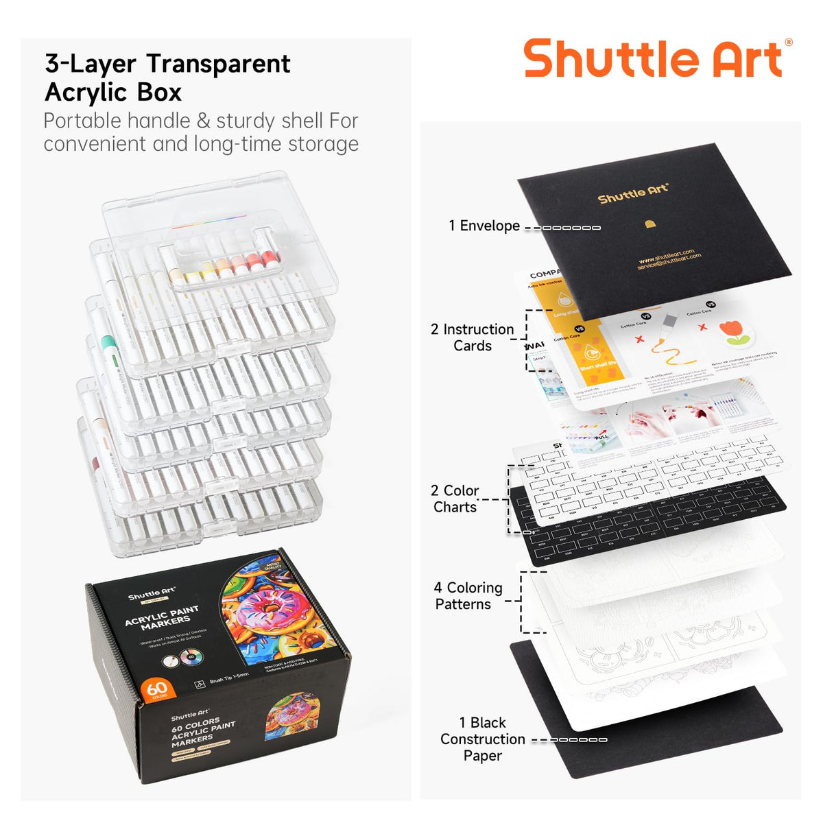 Shuttle Art Automatic Ink Control Acrylic Paint Pens, 60 Colours Brush Tip Paint Marker Pens, Paint Pen for Rock Painting Ceramic, Wood, Fabric,
