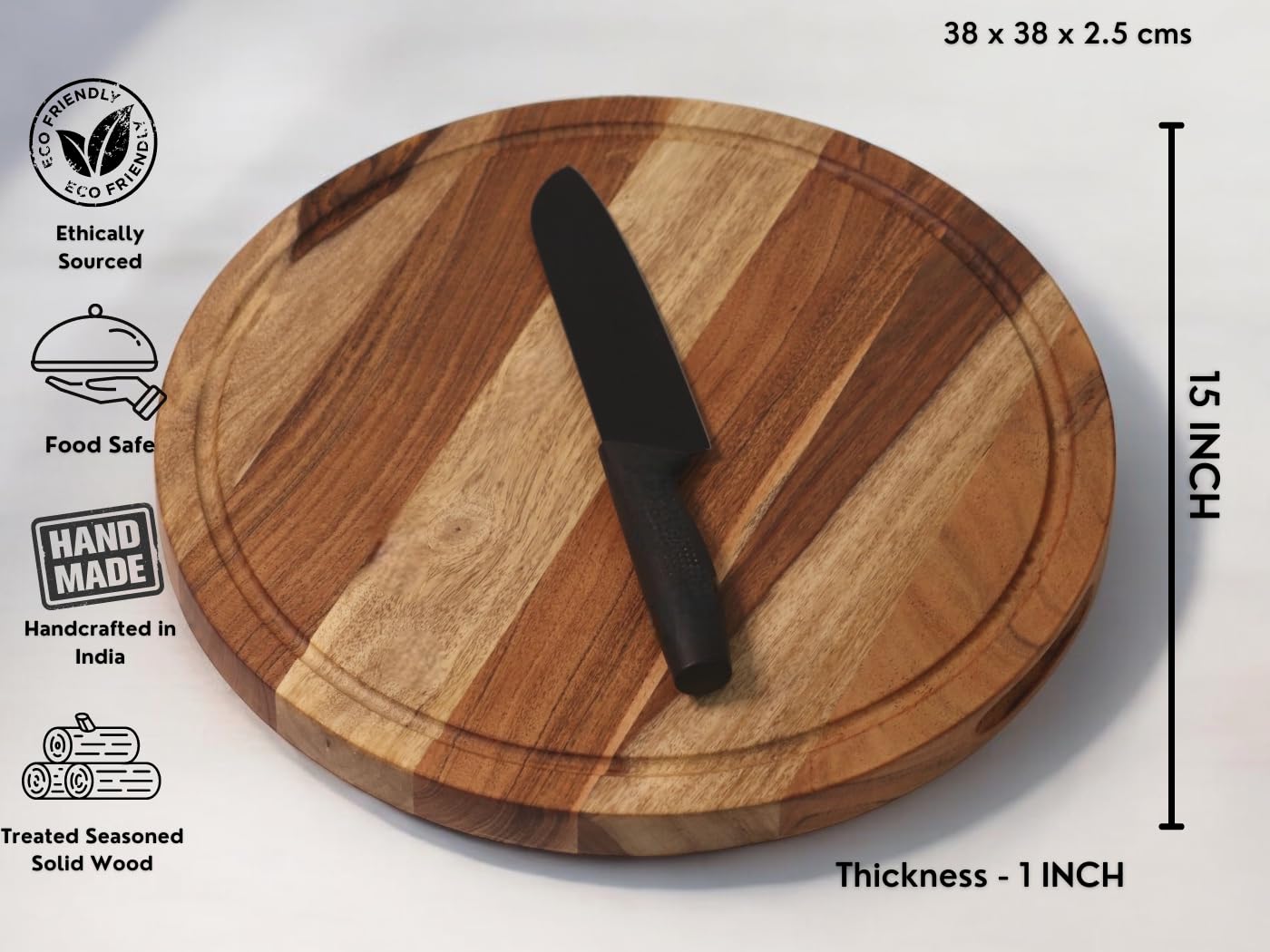 Vesta Homes Wooden Round Chopping Board, Cutting/Serving Board, Charcuterie, and Cheese Board for Kitchen | Natural Acacia Wood | 38 x 38 x 2.5 cms |