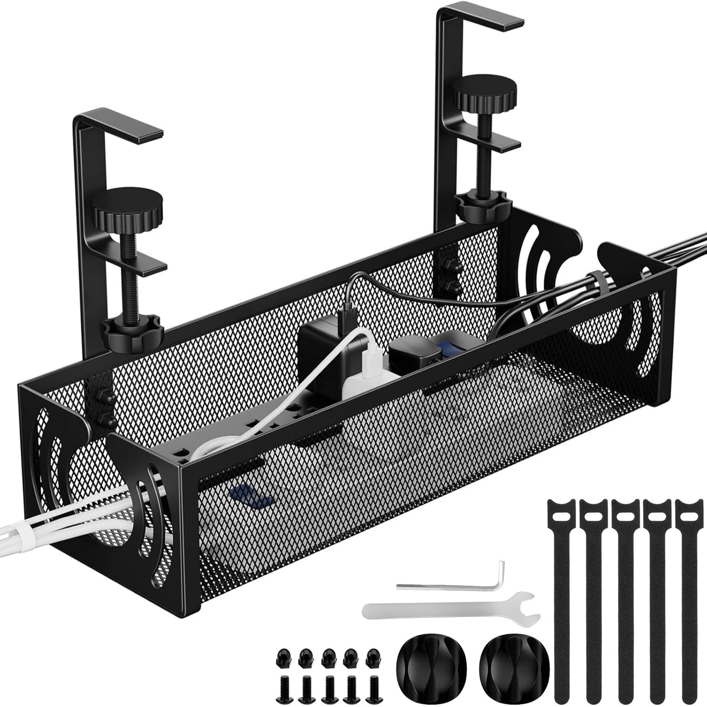 Cable Management, 39CM Long Under Desk Cable Management No Drill, Metal Cable Tidy with Clamp for Standing Desk, Cable Organiser for Home Office,