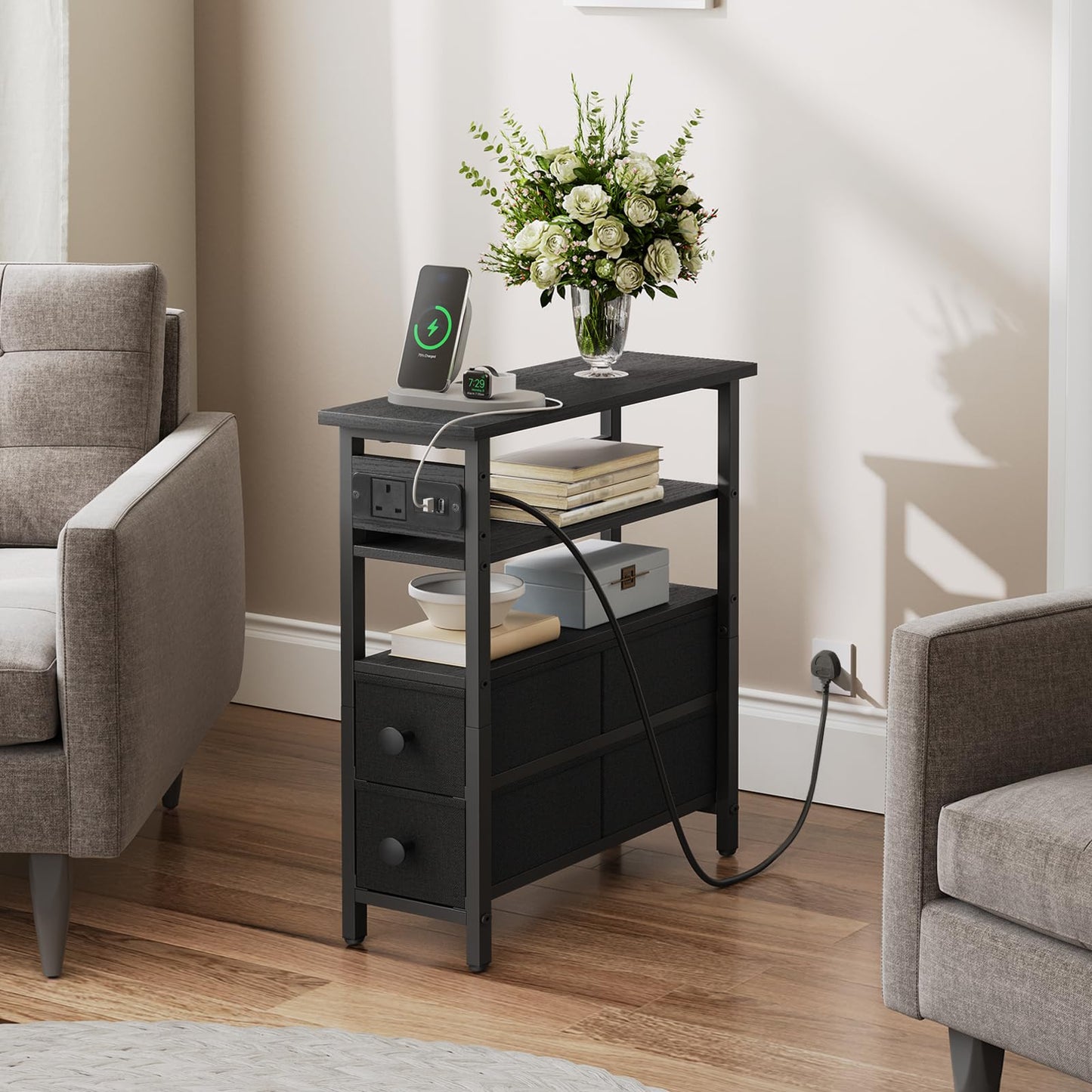 HOOBRO Side Table with Charging Station, Narrow Side Table with 2 Non-Woven Drawers, USB Ports and Power Outlet