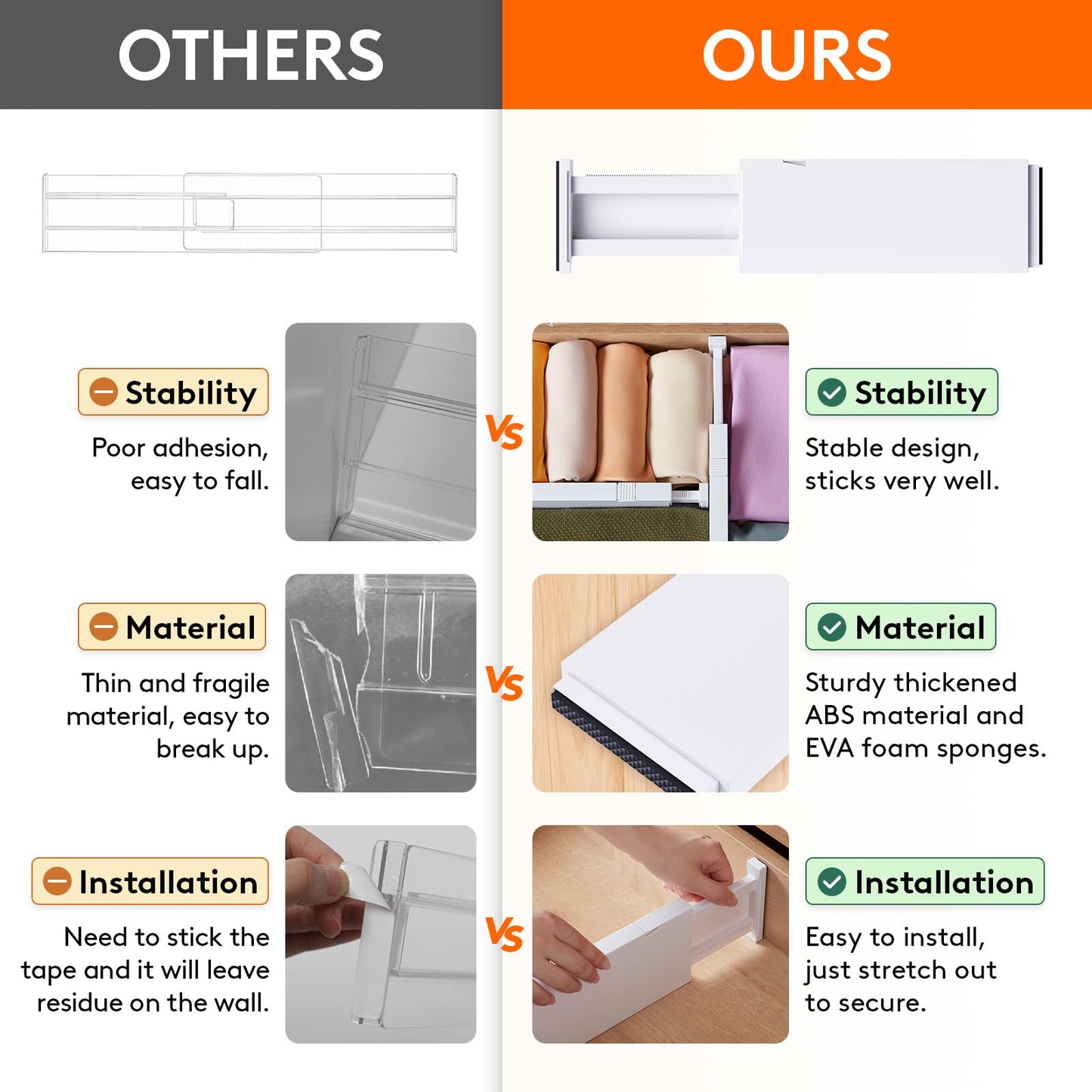 Lifewit 8 Pack Drawer Dividers Plastic 6" High, 13.5-22" Adjustable Drawer Organisers for Clothes, Expandable Dresser Separators in