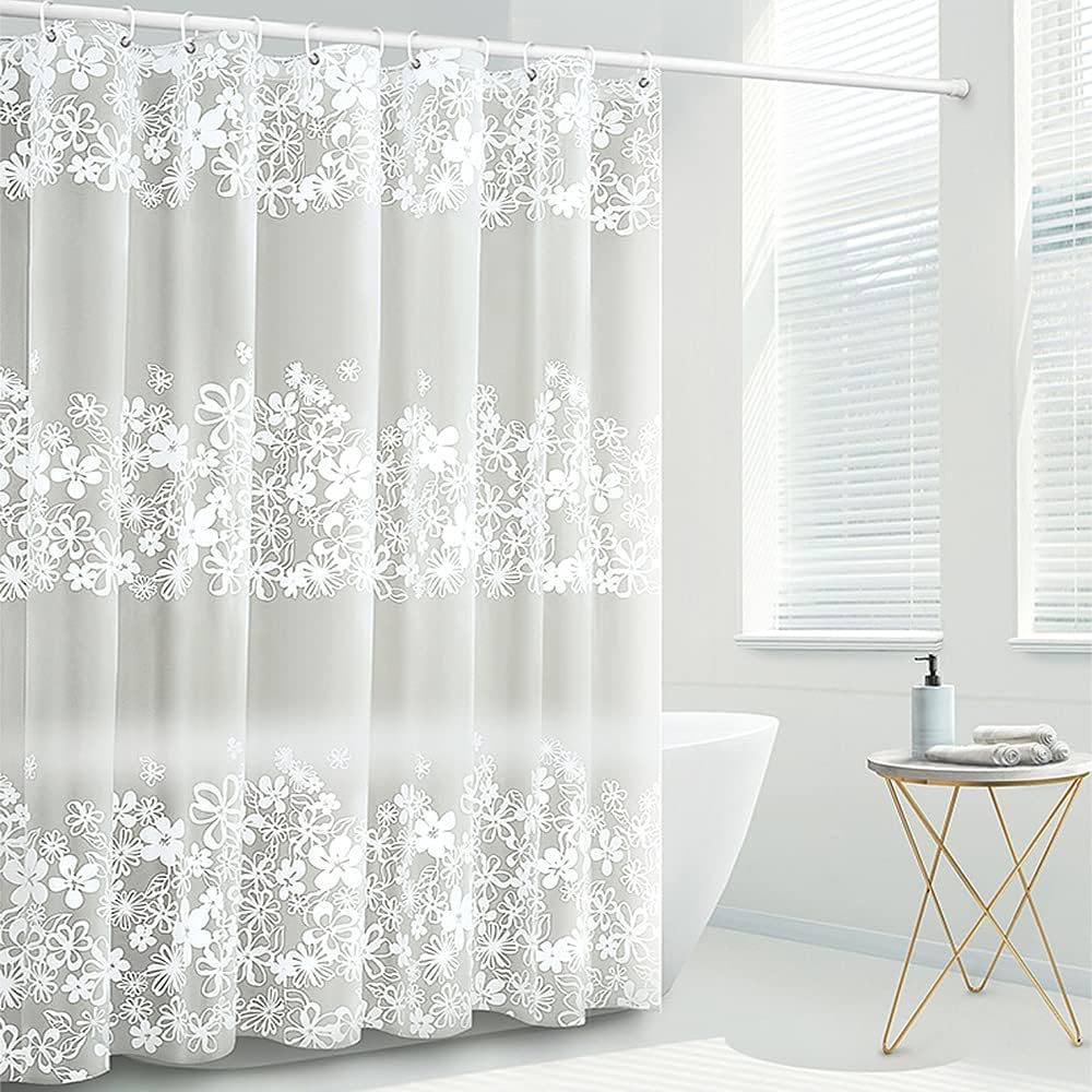 Startseite Long Shower Curtain - Flower Semi-Semi-Transarent Thin Shower Curtain Liner, PEVA Waterproof Bathroom Curtains Shower with 12 Hooks, 180 x