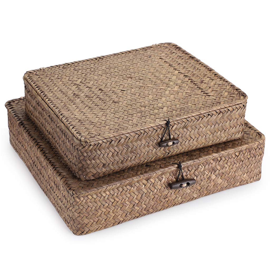 Sumnacon Set of 2 Seagrass Storage Basket Handmade Weave Hamper Wicker Box Chest with Lid & Lock (Coffee)