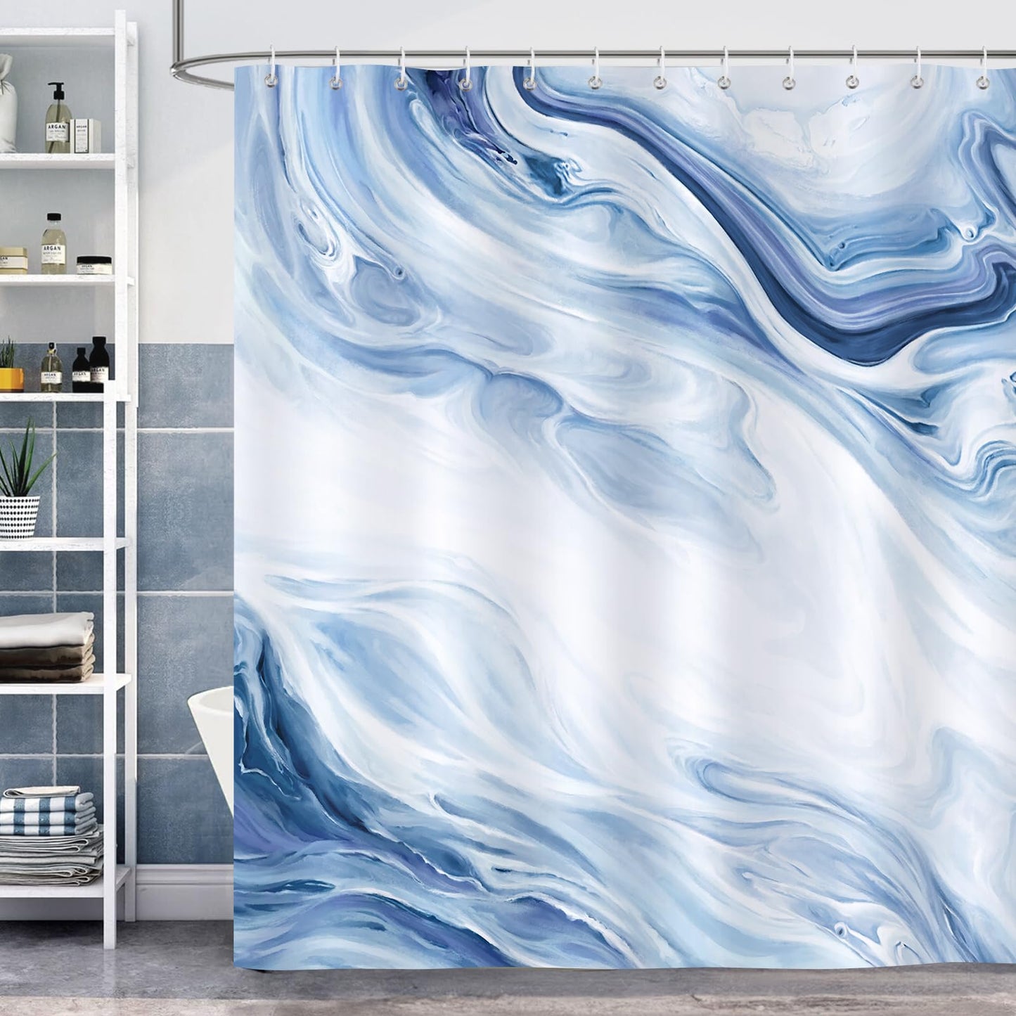 Bonhause Blue Marble Shower Curtain Abstract Blue White Modern Bathroom Curtain 180 x 180 cm Waterproof Mildew & Mould Resistant Polyester Fabric Bath