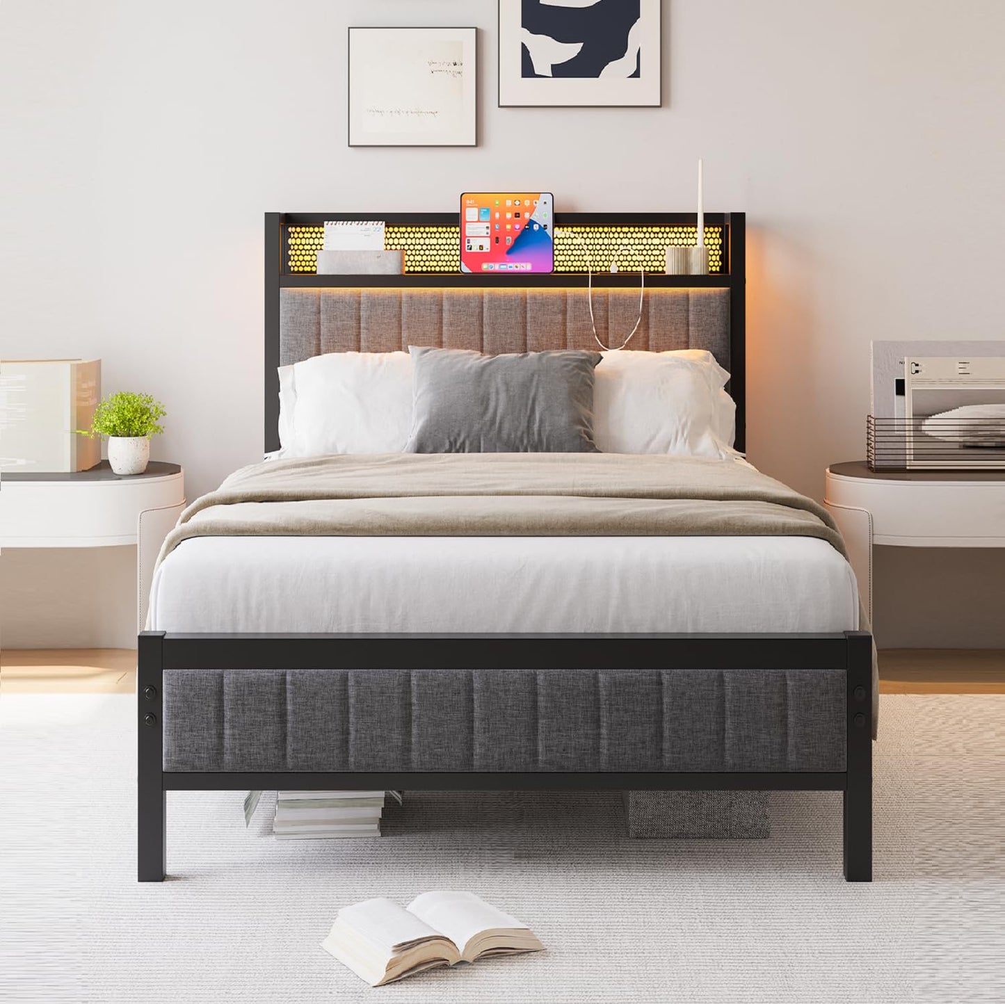 MOFLUT Single Bed Frame with Upholstered Headboard, No Box Spring Needed