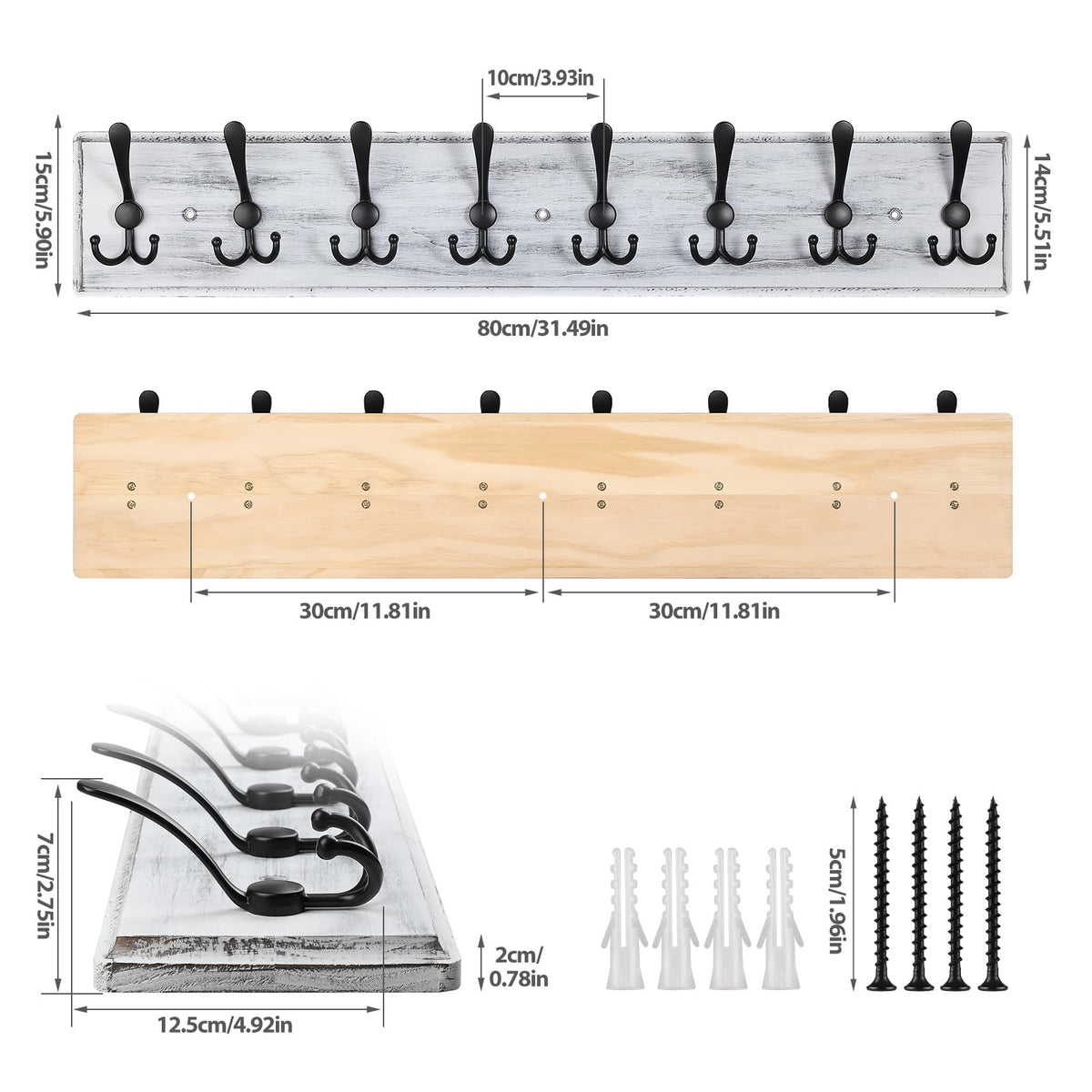 PHINGEER Wall Mounted Coat Hooks, Wooden Heavy Duty Coat Rack for Wall,8 Triple Coat Hanger Hooks for Hanging Coats,Jacket,Hat,Clothes(Grey White, 8