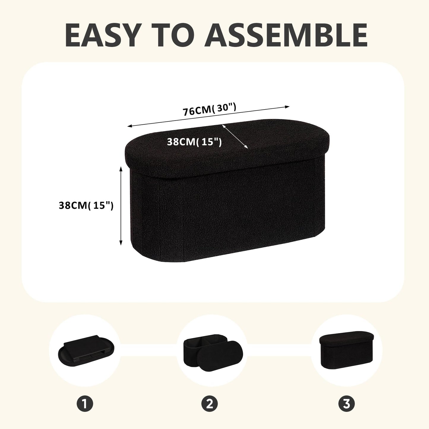PINPLUS Oval Storage Bench Folding Ottoman Boucle Black, 76x38x38 cm