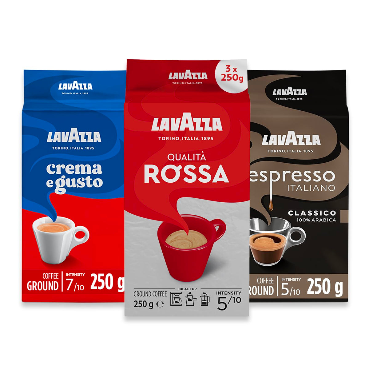 Lavazza Ground Coffee - Espresso Italiano, Rossa & Crema Gusto - 3 Pack
