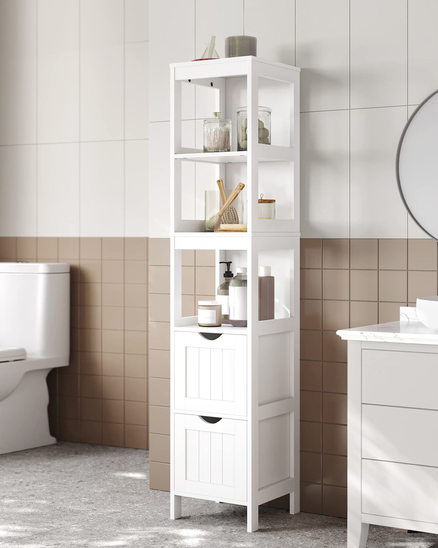 VASAGLE Bathroom Floor Cabinet, Freestanding Bathroom Storage Unit, with 2 Drawers, 3 Open Compartments, for Bathroom, Living Room, Kitchen, Modern