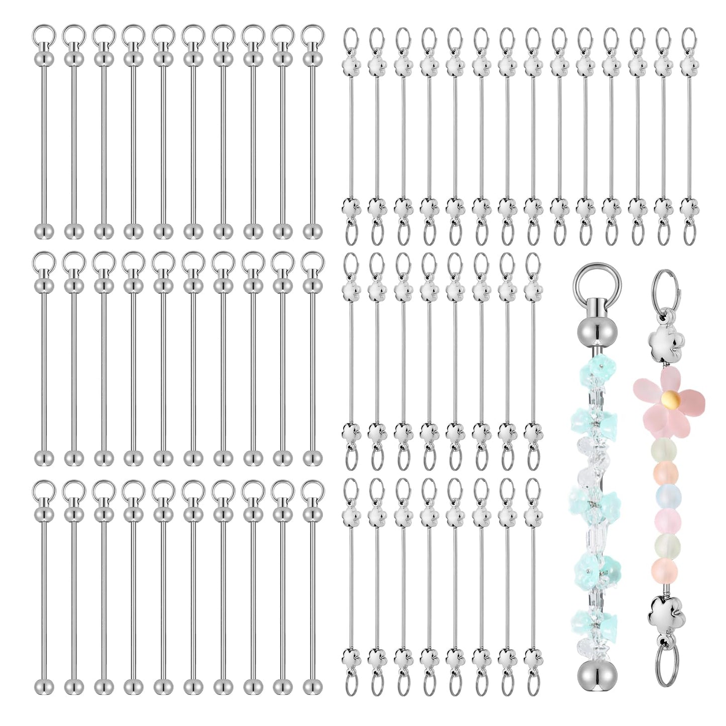 YMTWSRY 60 Pcs Bead Keyring Making Kit, Silver Blank Beadable Keychain Making Kits for DIY Jewelry Keychains Accessories (Round & Flower-Shaped)