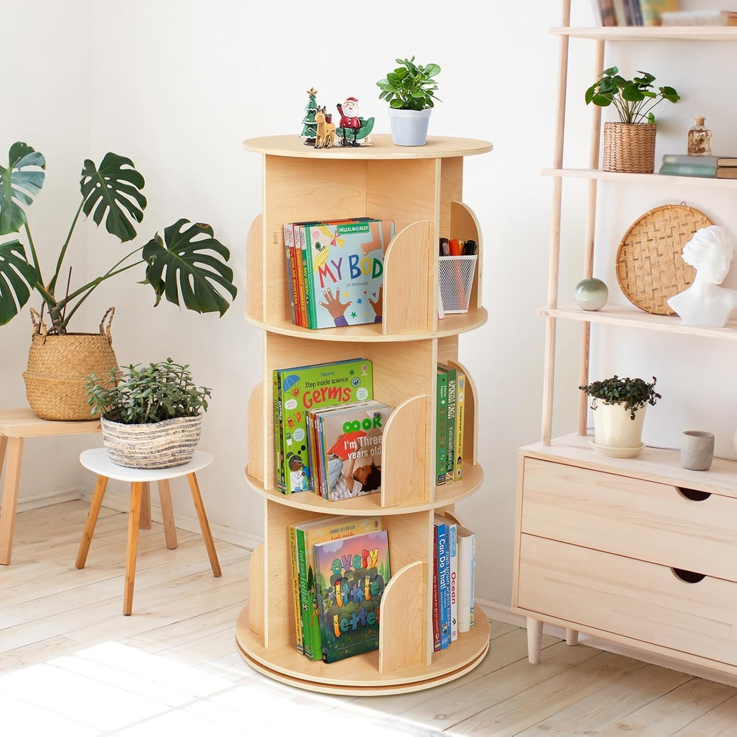 OOOK Rotating Bookshelf, 3 Tier Corner Spinning Bookshelf for Small Space