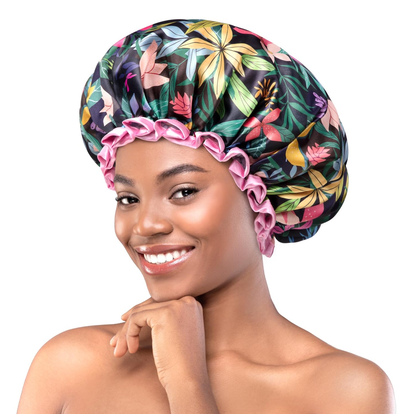 mikimini Shower Cap for Women and Girls, Vibrant Rainforest Print Bath Cap with Pink Ruffle, Reusable Waterproof Double-Layered for Short Medium Hair.