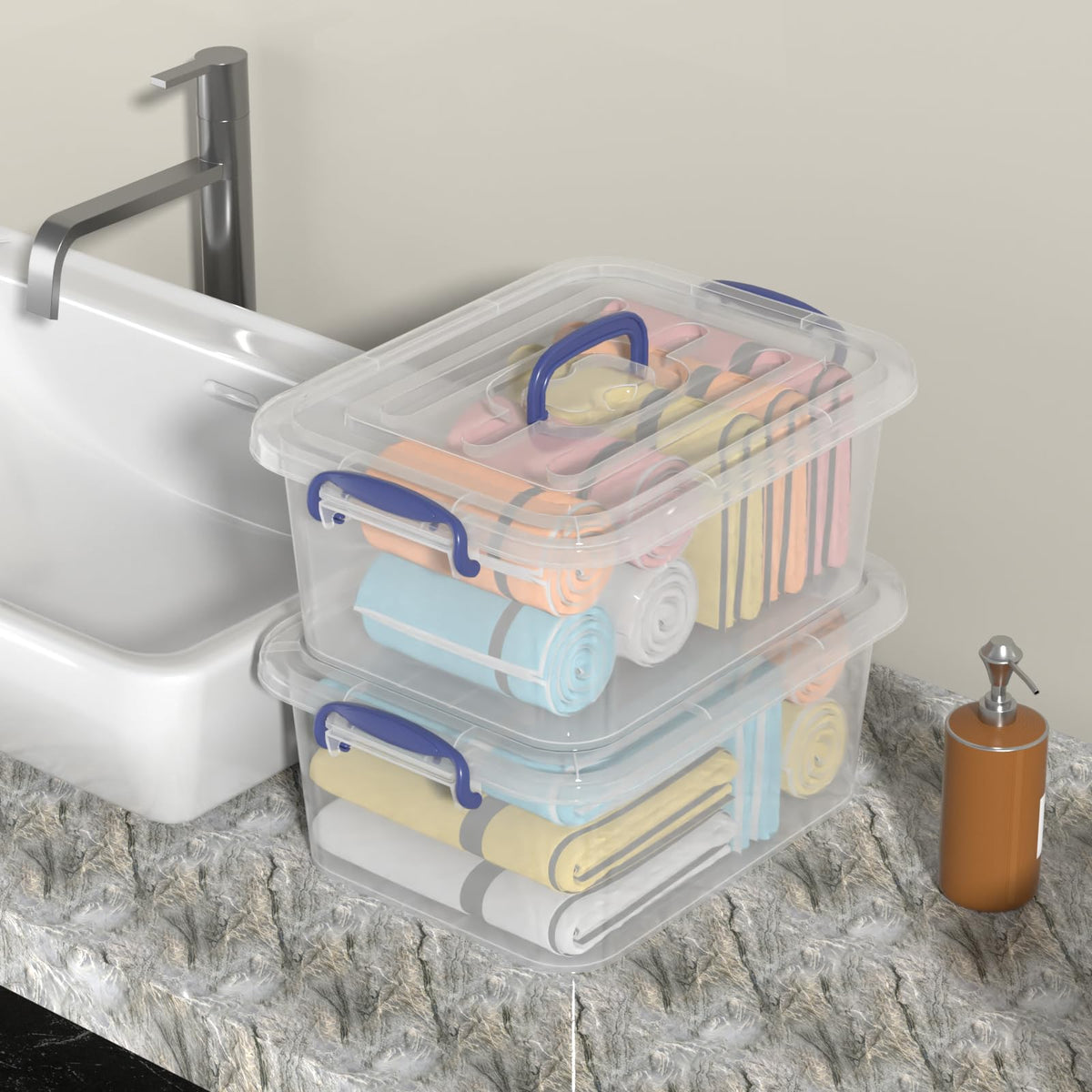 Ziglous 8 Litre Clear Storage Boxes with Lids and Handles, 6 Packs, Blue