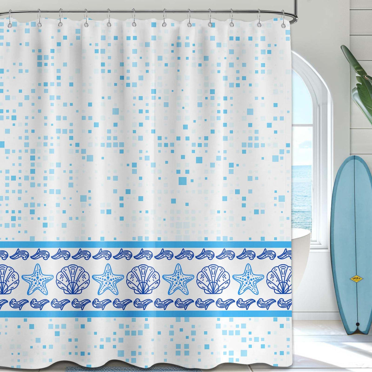 LanZanthic Blue Mosaic Shower Curtains for Bathroom Ocean Modern Geometric Wet Room Shower Curtain, Washable, Waterproof, Cloth Fabric, 180 x 180 cm