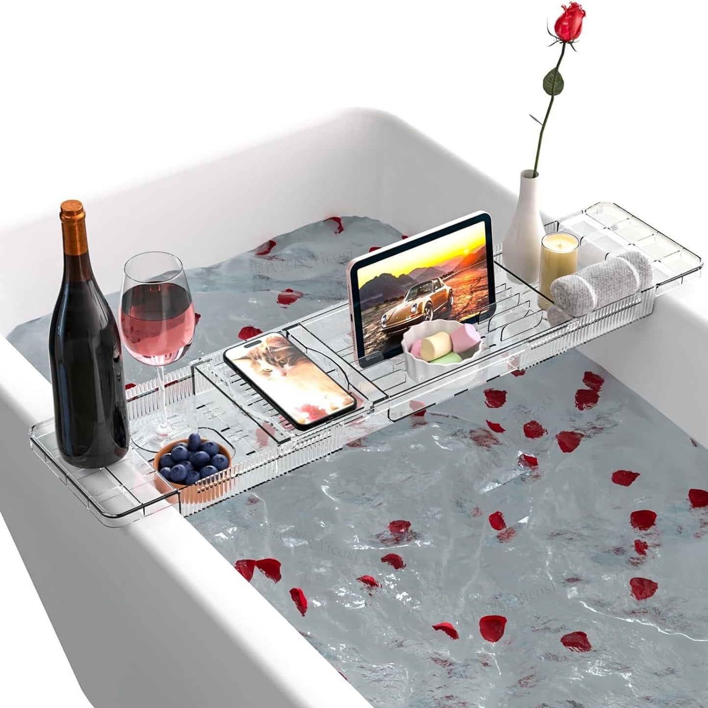 Bath Trays for Across the Bath Shelf Over Board Rack with Non-Slip Design IPad Holder Transparent Bath Caddy Tray for Books Phone Adjustable
