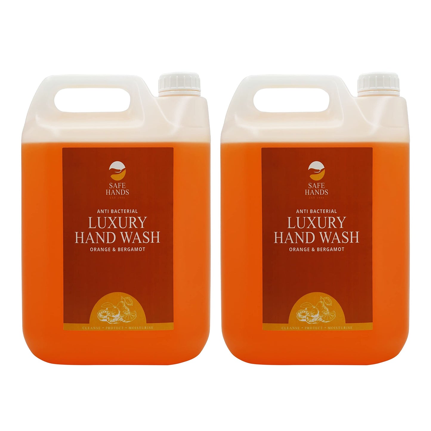 Safe Hands | Luxury Hand Wash | Orange & Bergamot | 2 x 5 Litre | Moisturising hand soap liquid | Anti Bac Hand Soap | Removes 99% of Bacteria | Kind